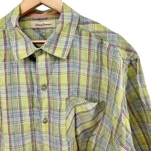 Tommy Bahama Mens Short Sleeve Button Down Shirt Lime Green Plaid Textured XL